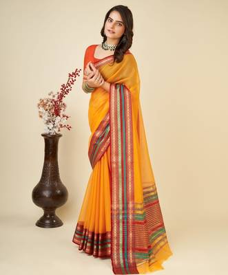 Mustard kota doriya cotton silk saree with blouse 1