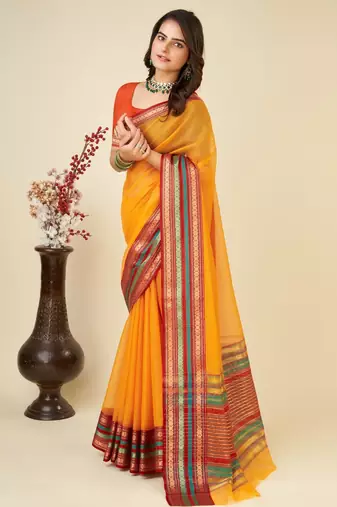 Mustard kota doriya cotton silk saree with blouse
