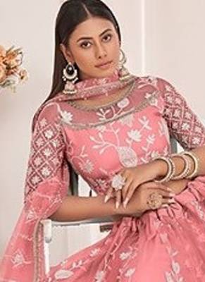 Orange Net Embroidered & Zari Work Semi Stitched Lehenga Choli 4