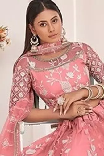 Orange Net Embroidered & Zari Work Semi Stitched Lehenga Choli