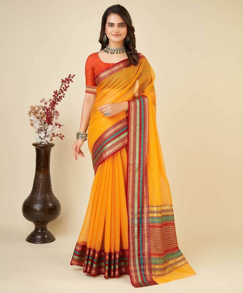 Mustard kota doriya cotton silk saree with blouse