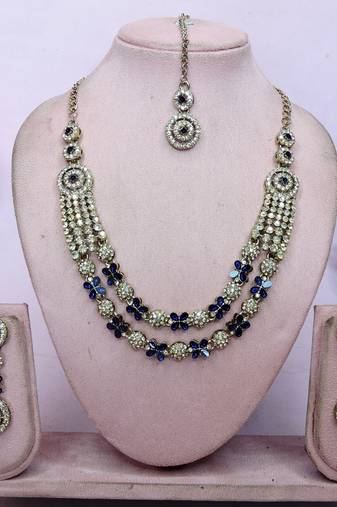 Blue yellow gold premium designer american diamond and stone work necklace set