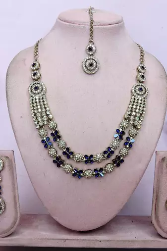 Blue yellow gold premium designer american diamond and stone work necklace set