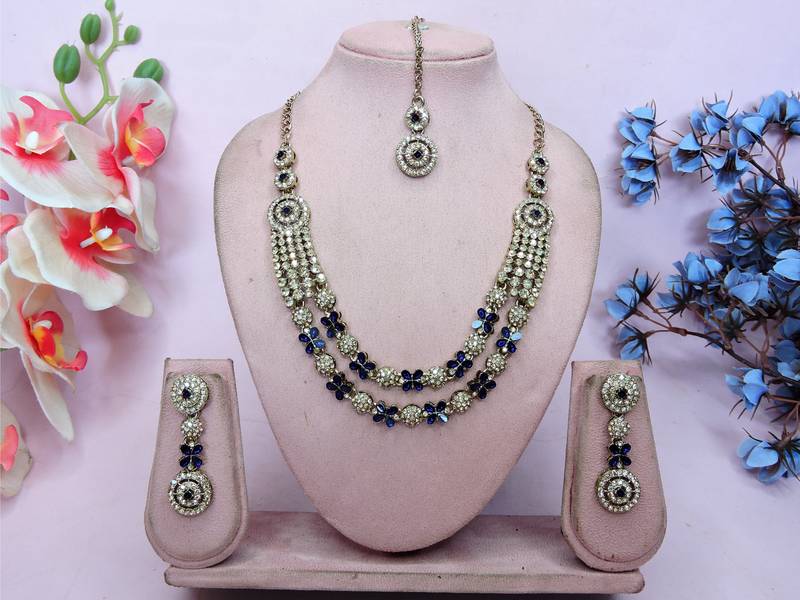 Blue yellow gold premium designer american diamond and stone work necklace set