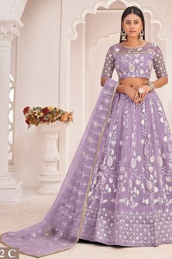 Lavender Net Embroidered & Zari Work Semi Stitched Lehenga Choli
