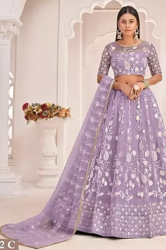 Lavender Net Embroidered & Zari Work Semi Stitched Lehenga Choli