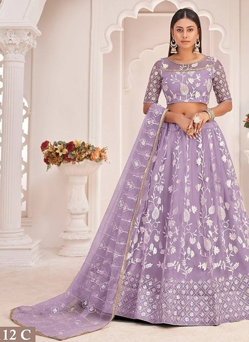 Lavender Net Embroidered & Zari Work Semi Stitched Lehenga Choli