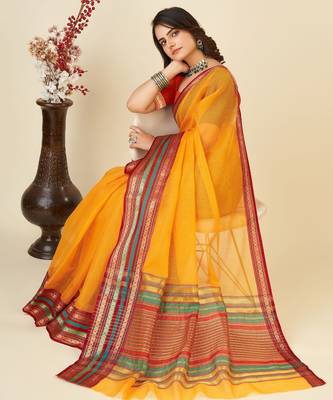 Mustard kota doriya cotton silk saree with blouse 3