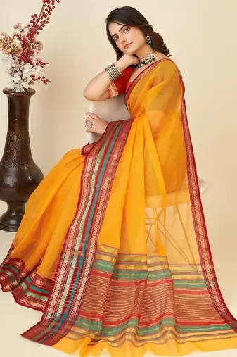 Mustard kota doriya cotton silk saree with blouse