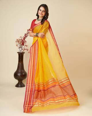 Yellow  kota doriya cotton silk saree with blouse 1