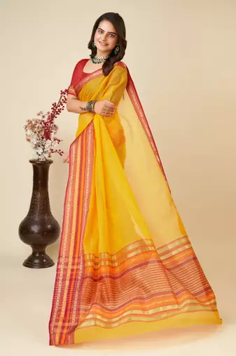 Yellow  kota doriya cotton silk saree with blouse