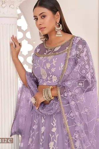 Lavender Net Embroidered & Zari Work Semi Stitched Lehenga Choli
