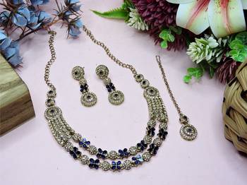 Blue yellow gold premium designer american diamond and stone work necklace set 2