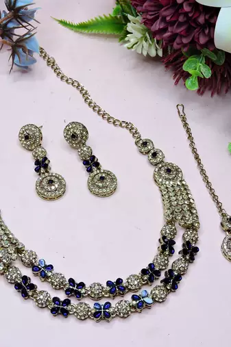Blue yellow gold premium designer american diamond and stone work necklace set