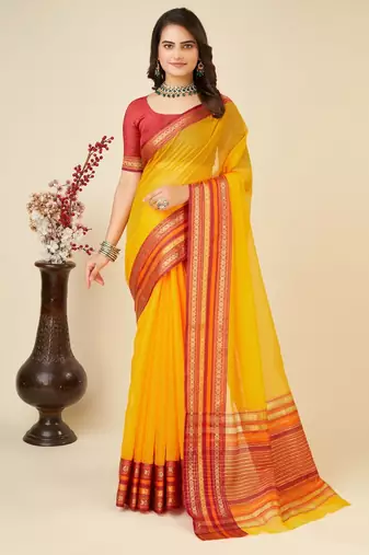 Yellow  kota doriya cotton silk saree with blouse