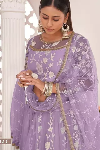 Lavender Net Embroidered & Zari Work Semi Stitched Lehenga Choli