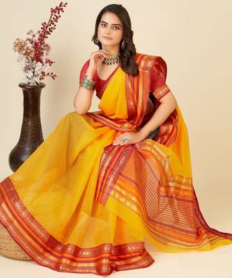 Yellow  kota doriya cotton silk saree with blouse 3