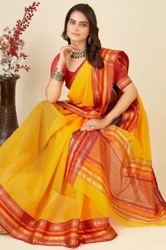 Yellow  kota doriya cotton silk saree with blouse