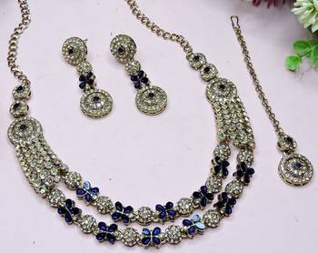Blue yellow gold premium designer american diamond and stone work necklace set 3