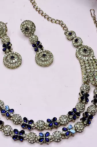 Blue yellow gold premium designer american diamond and stone work necklace set