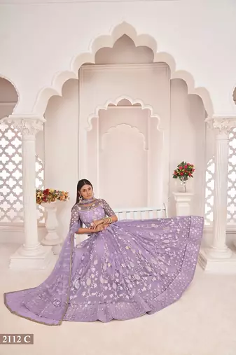 Lavender Net Embroidered & Zari Work Semi Stitched Lehenga Choli
