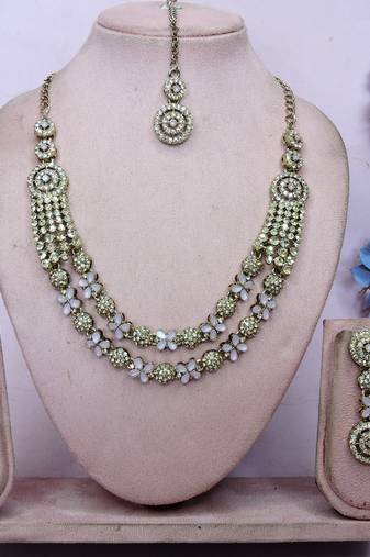 Pink yellow gold premium designer american diamond and stone work necklace set