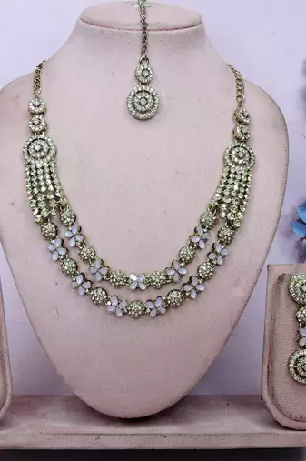 Pink yellow gold premium designer american diamond and stone work necklace set