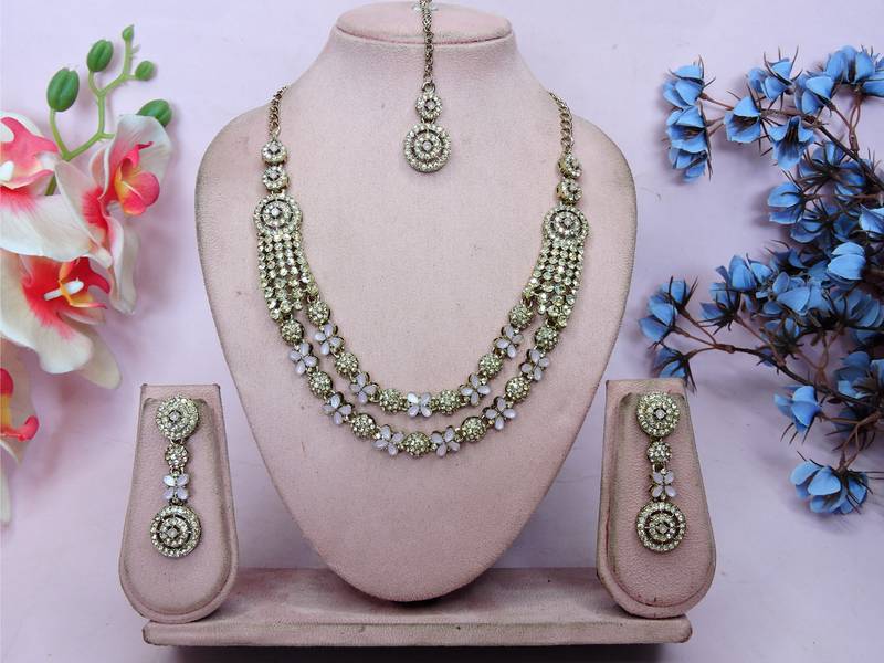 Pink yellow gold premium designer american diamond and stone work necklace set