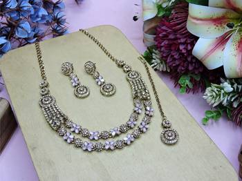 Pink yellow gold premium designer american diamond and stone work necklace set 2