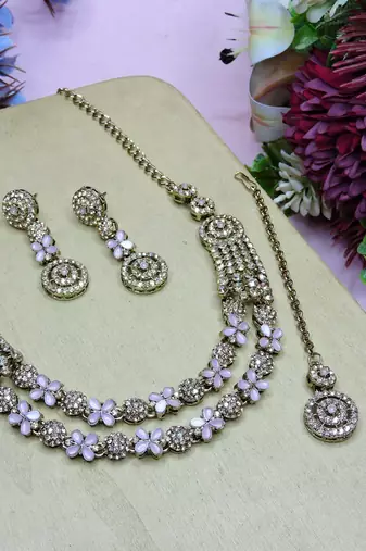 Pink yellow gold premium designer american diamond and stone work necklace set