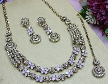Pink yellow gold premium designer american diamond and stone work necklace set 3