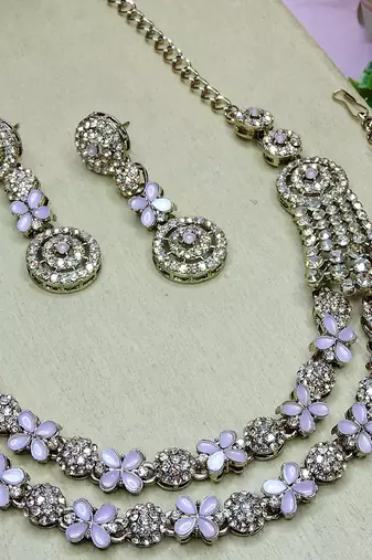 Pink yellow gold premium designer american diamond and stone work necklace set