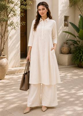 Fashion petals off-white cotton schiffli work embroidery  kurta set 1