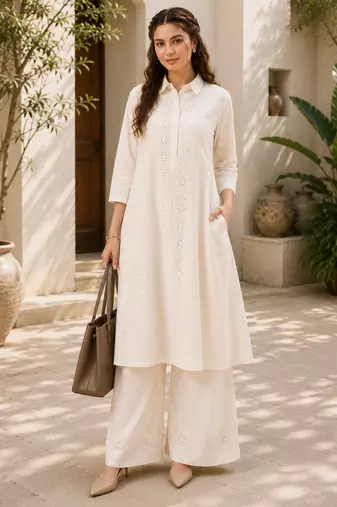 Fashion petals off-white cotton schiffli work embroidery  kurta set
