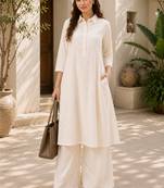 Fashion petals off-white cotton schiffli work embroidery  kurta set