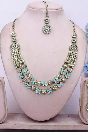 Green yellow gold premium designer american diamond and stone work necklace set
