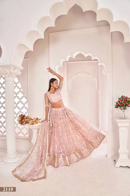 Light Onion Pink Net Embroidered & Zari Work Semi Stitched Lehenga Choli 3