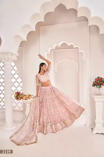 Light Onion Pink Net Embroidered & Zari Work Semi Stitched Lehenga Choli