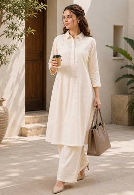 Fashion petals off-white cotton schiffli work embroidery  kurta set 2
