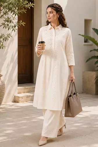 Fashion petals off-white cotton schiffli work embroidery  kurta set