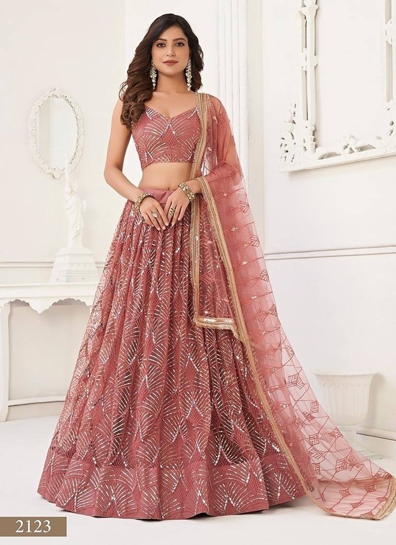 Onion Net Embroidered & Thread Work Semi Stitched Lehenga Choli