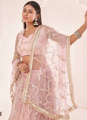 Light Onion Pink Net Embroidered & Zari Work Semi Stitched Lehenga Choli 4