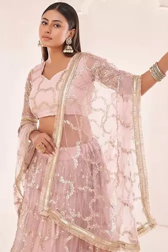 Light Onion Pink Net Embroidered & Zari Work Semi Stitched Lehenga Choli