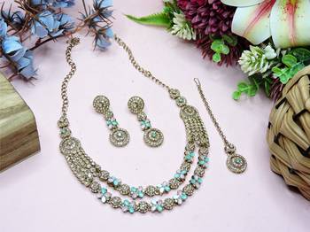 Green yellow gold premium designer american diamond and stone work necklace set 2