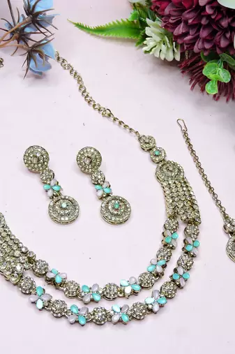 Green yellow gold premium designer american diamond and stone work necklace set