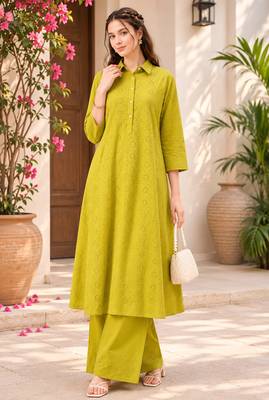 Fashion petals lime green cotton schiffli work embroidery  kurta set 1