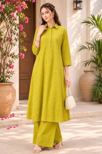 Fashion petals lime green cotton schiffli work embroidery  kurta set