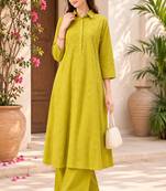 Fashion petals lime green cotton schiffli work embroidery  kurta set