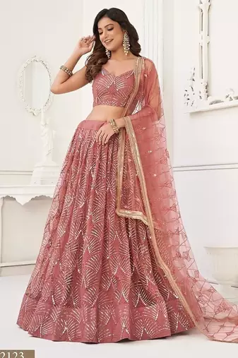 Onion Net Embroidered & Thread Work Semi Stitched Lehenga Choli