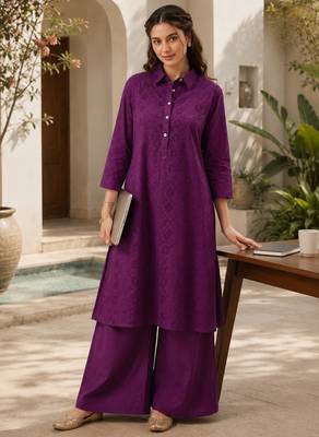 Fashion petals violet cotton schiffli work embroidery  kurta set 1